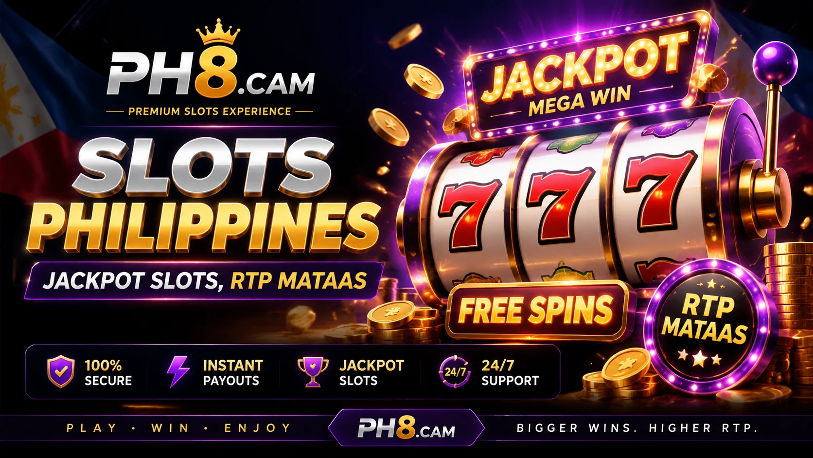 ph8.cam banner na may iba't ibang game scenes at slot visuals